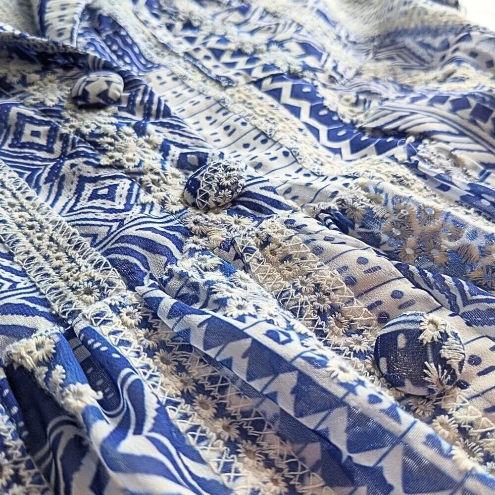 THE SANG Blue Georgette Embroidered Ikat Smocked Shirtdress w/ Weighted Hem Sz S